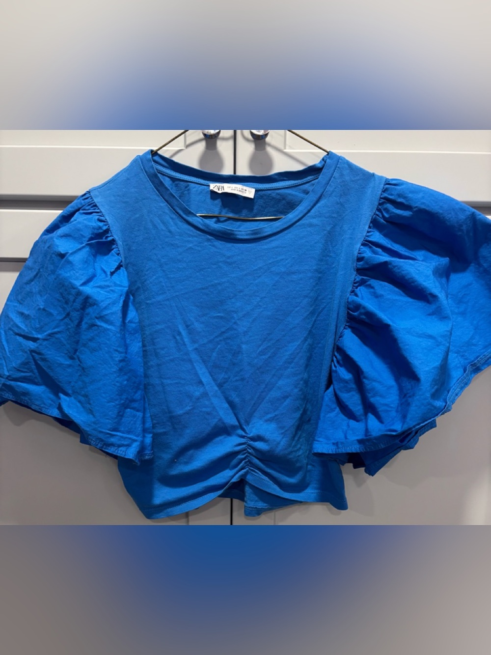 Zara Blue  Exaggerated Puff-Sleeve Cropped Tee Size L NWOT - Picture 2 of 7